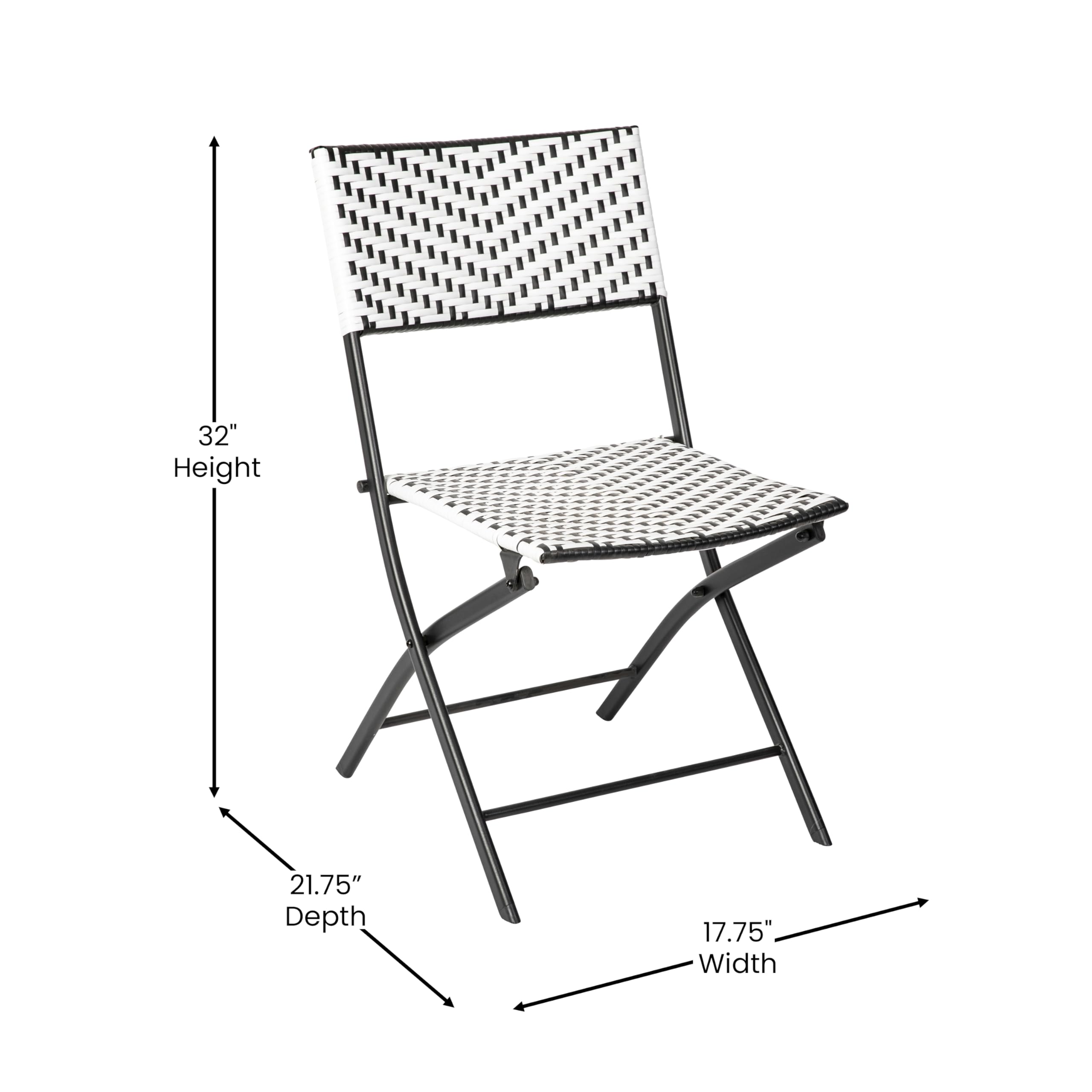 EMMA + OLIVER Ciel Two Piece Folding Bistro Chairs - Black and White PE Rattan - Black Metal Frames - Indoor/Outdoor Use