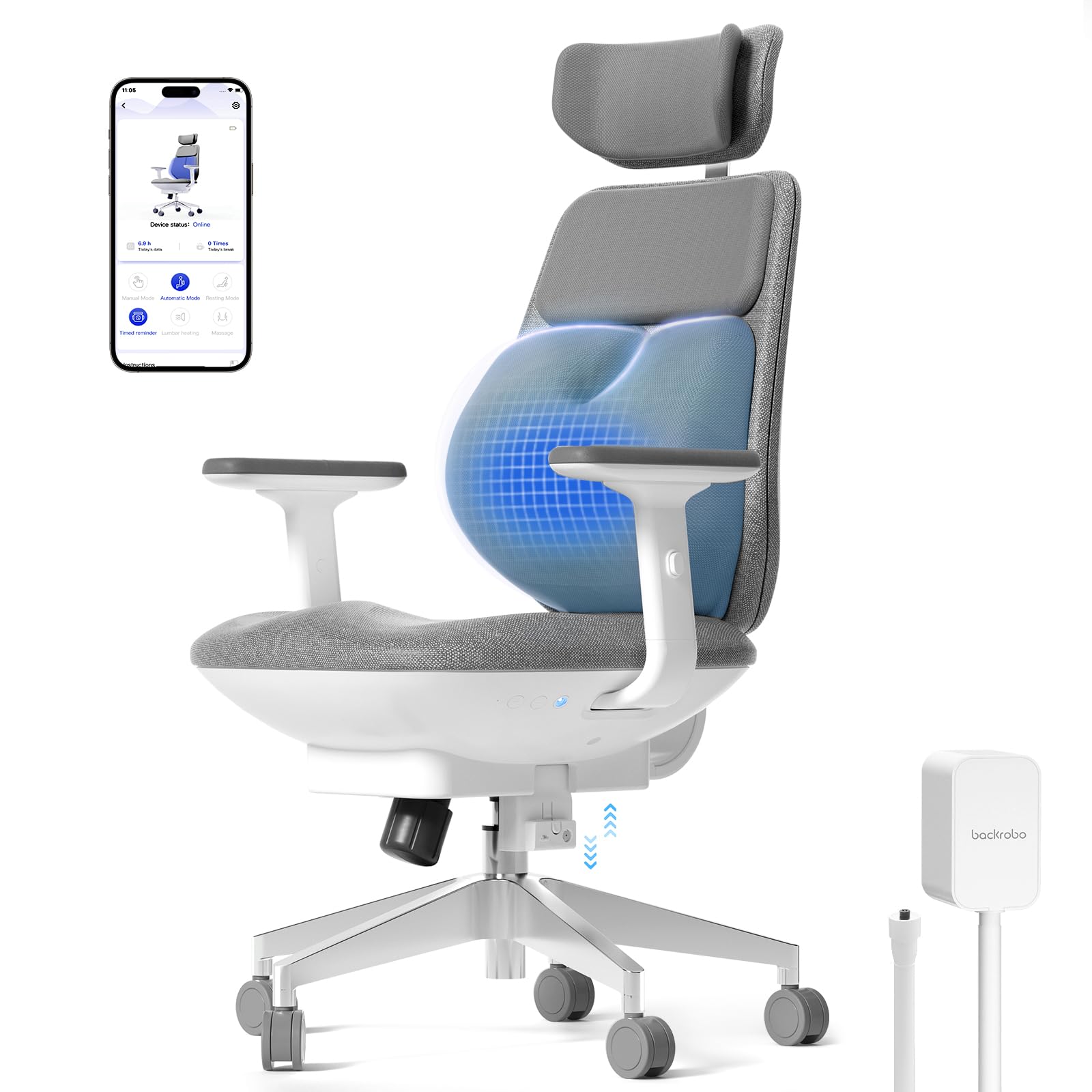 backrobo Smart Ergonomic Home Office Chair, Automatic Massage Lumbar Support and App-Controlled,3D Armrests, Executive Desk Chair with Adjustable Height for Home Office/Learning/Conference