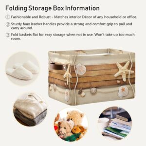 DEHOZO Storage Basket Bins, Wooden Seashells Starfish Beach Collapsible Storage Cubes Organizer with Handles, Closet Shelves Clothes Storage Box Toys Organizer for Bedroom Living Room, 2pcs