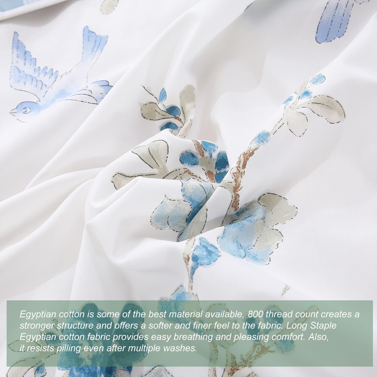 URBONUR Blue Floral Duvet Cover Set Queen Size 100% Cotton 3 Pieces Bedding Comforter Cover with Button Closure Birds on White Comforter Cover Sets, Soft Cooling Duvet Cover Queen