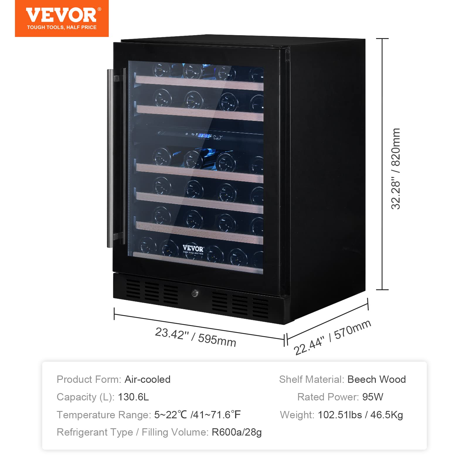 VEVOR 24” Wine Cooler, 46 Bottles Dual Zone Wine Refrigerator, Tempered Glass Door, Low Noise, Digital Temper Control, Built-in or Freestanding, ETL