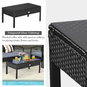 COSTWAY 4PCS Patio Rattan Furniture Set, Outdoor Wicker Conversation Set with Tempered Glass Coffee Table, Seat Cushions, Ideal for Poolside Balcony Porch Backyard