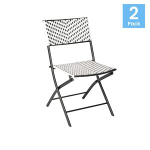 EMMA + OLIVER Ciel Two Piece Folding Bistro Chairs - Black and White PE Rattan - Black Metal Frames - Indoor/Outdoor Use