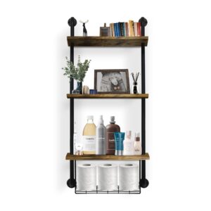 gilpwa 3-tier bathroom shelves, wall mounted floating shelves with basket, easy assemble industrial pipe shelving, anti-rust wall shelves for barhroom living room, kitchen, bedroom, 44.5 * 16.9 inch