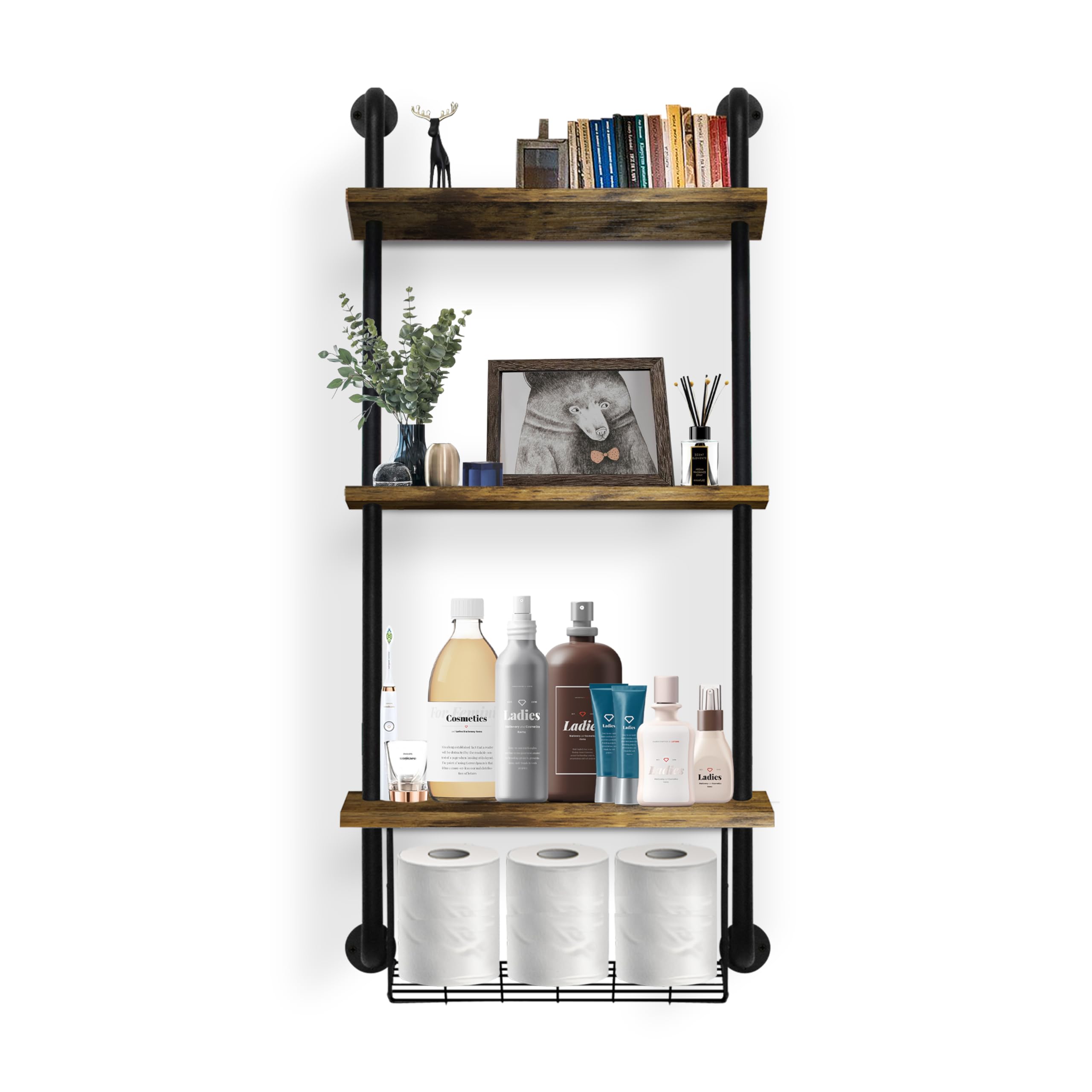 GILPWA 3-Tier Bathroom Shelves, Wall Mounted Floating Shelves with Basket, Easy Assemble Industrial Pipe Shelving, Anti-Rust Wall Shelves for Barhroom Living Room, Kitchen, Bedroom, 44.5 * 16.9 inch