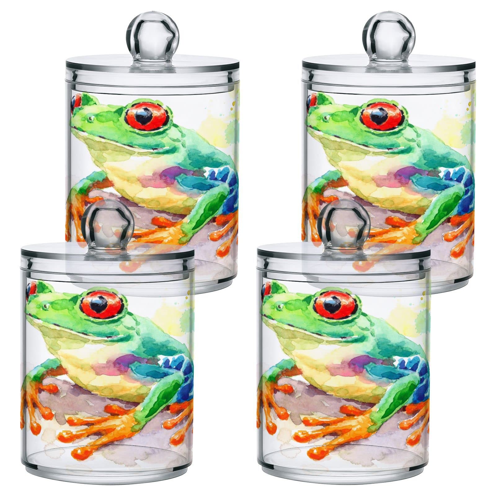 2 Pack Qtip Holder Dispenser for Cotton Ball Funny Frog Animal Green Watercolor Cotton Swab Cotton Round Pads Clear Plastic Acrylic Jar Set Bathroom Canister