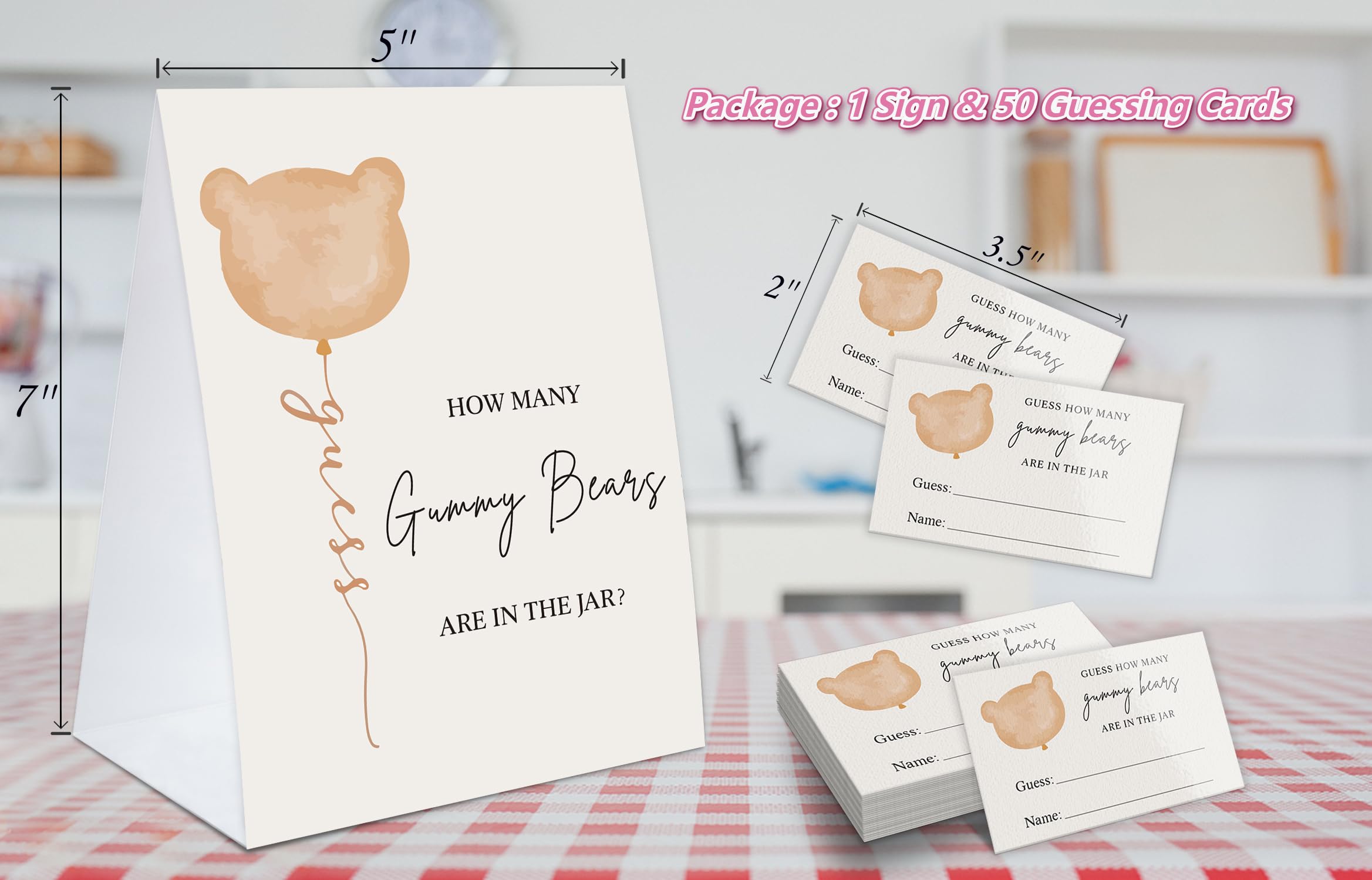 Guess How Many Gummy Bears Baby Shower Game, 1 Sign and 50 Guessing Cards, Baby Shower Candy Guessing Games, Bear Theme Baby Shower Decoration, Birthday Party Supplies-02-Light Brown