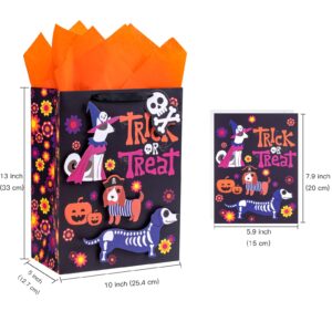 LeZakaa 13" Black Gift Bag with Tissue Paper, Gift Tag and Card, Skeleton Dog Design for Halloween, Holiday, Trick or Treat Party