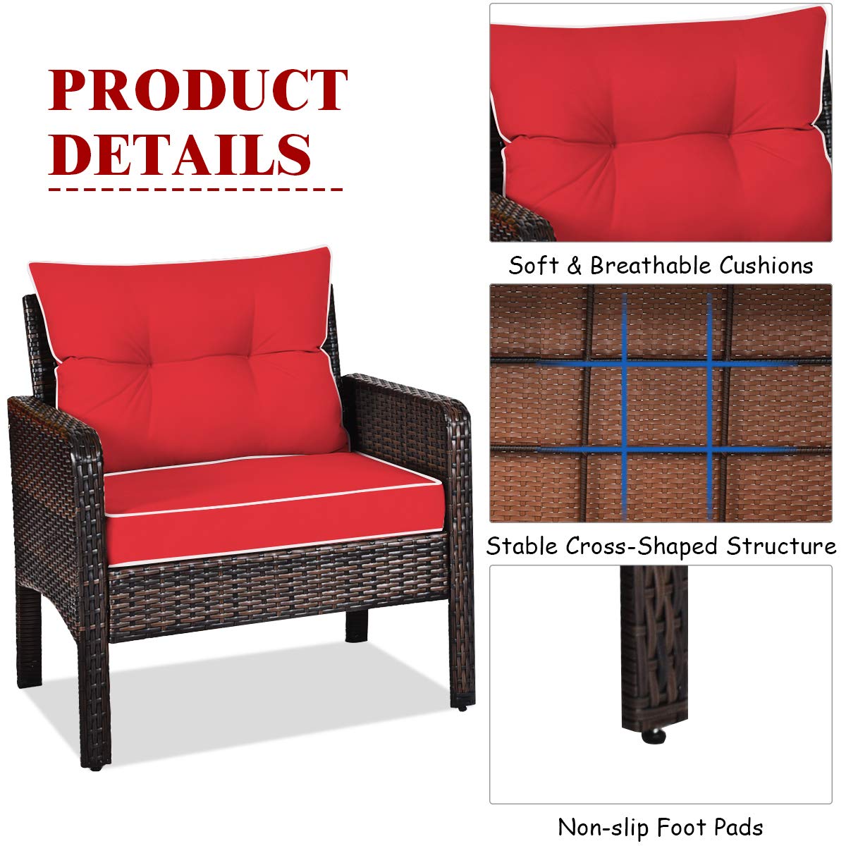 COSTWAY 3PCS Patio Furniture Set, Outdoor Wicker Cushioned Sofa Set with Coffee Table, All Weather Rattan Conversation Set for Garden Balcony Backyard Poolside Lawn, Red