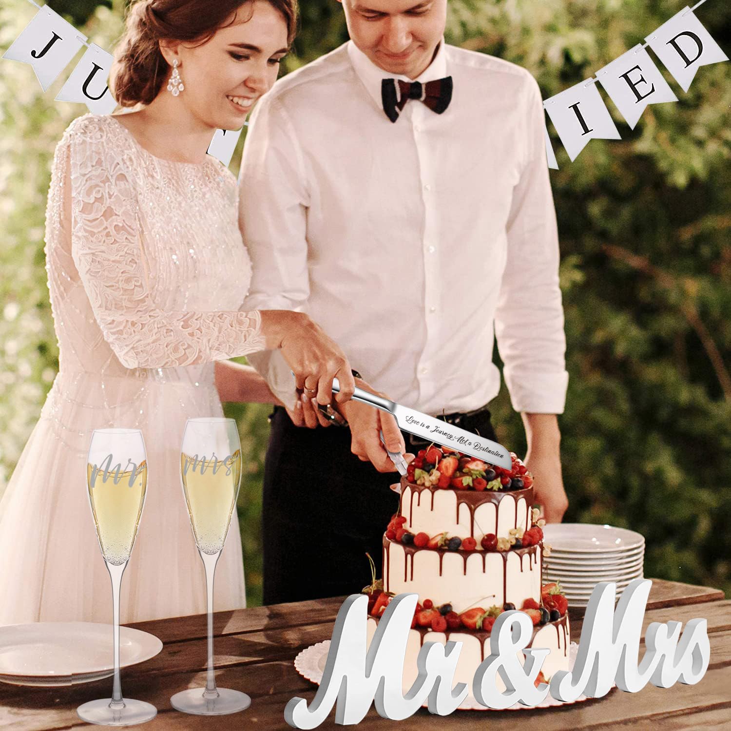 YULVINE Engraved Mr and Mrs Champagne Flutes Wooden Sign,Wedding Toasting Glasses for Bride and Groom,Cake Knife and Server Set Just Married Banner for Couple Reception Ceremony