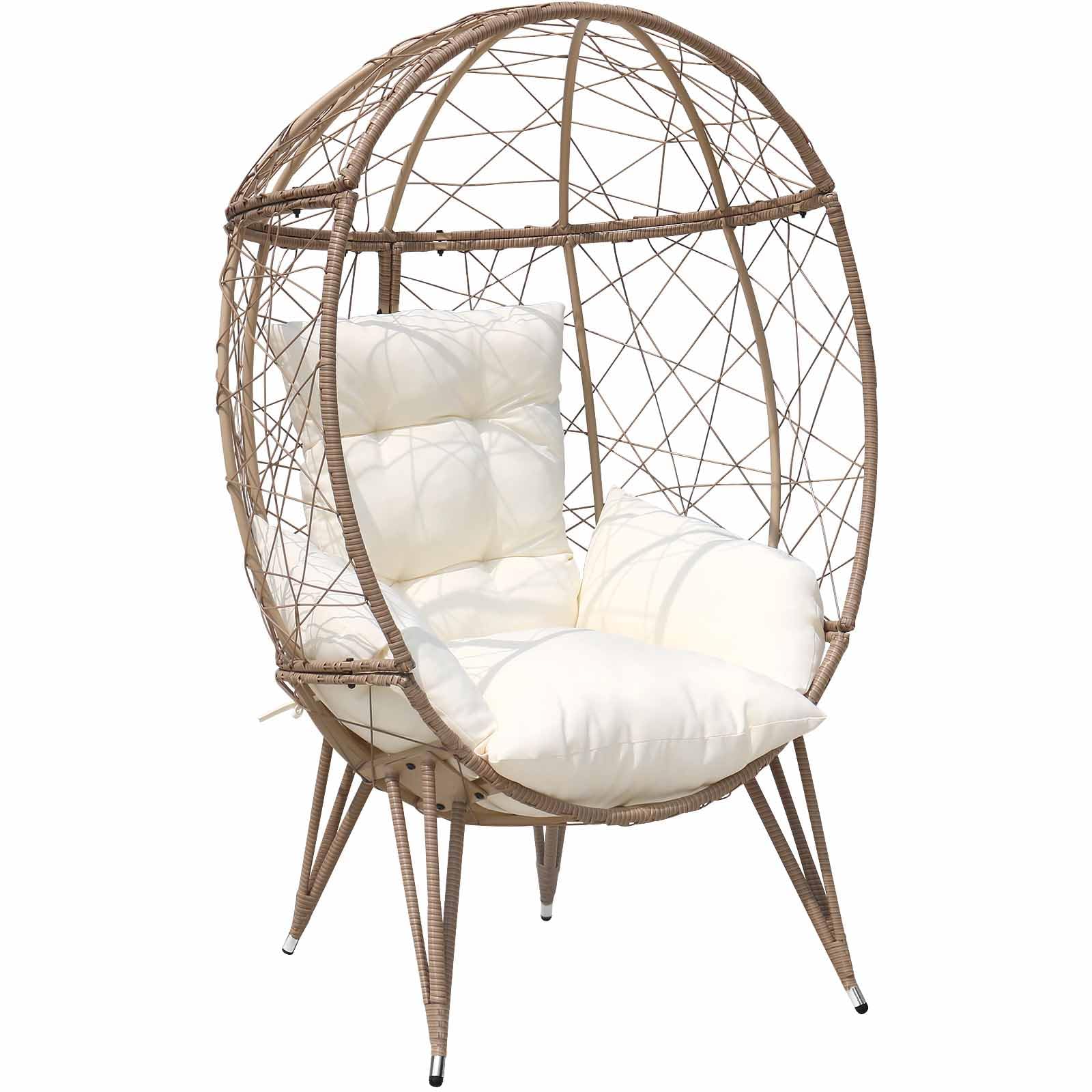 FKSLIFE Wicker Egg Chair with Stand Cushion Outdoor Indoor Lounger Egg Basket Chair for Living Room, Backyard, Balcony, Patio (Beige)