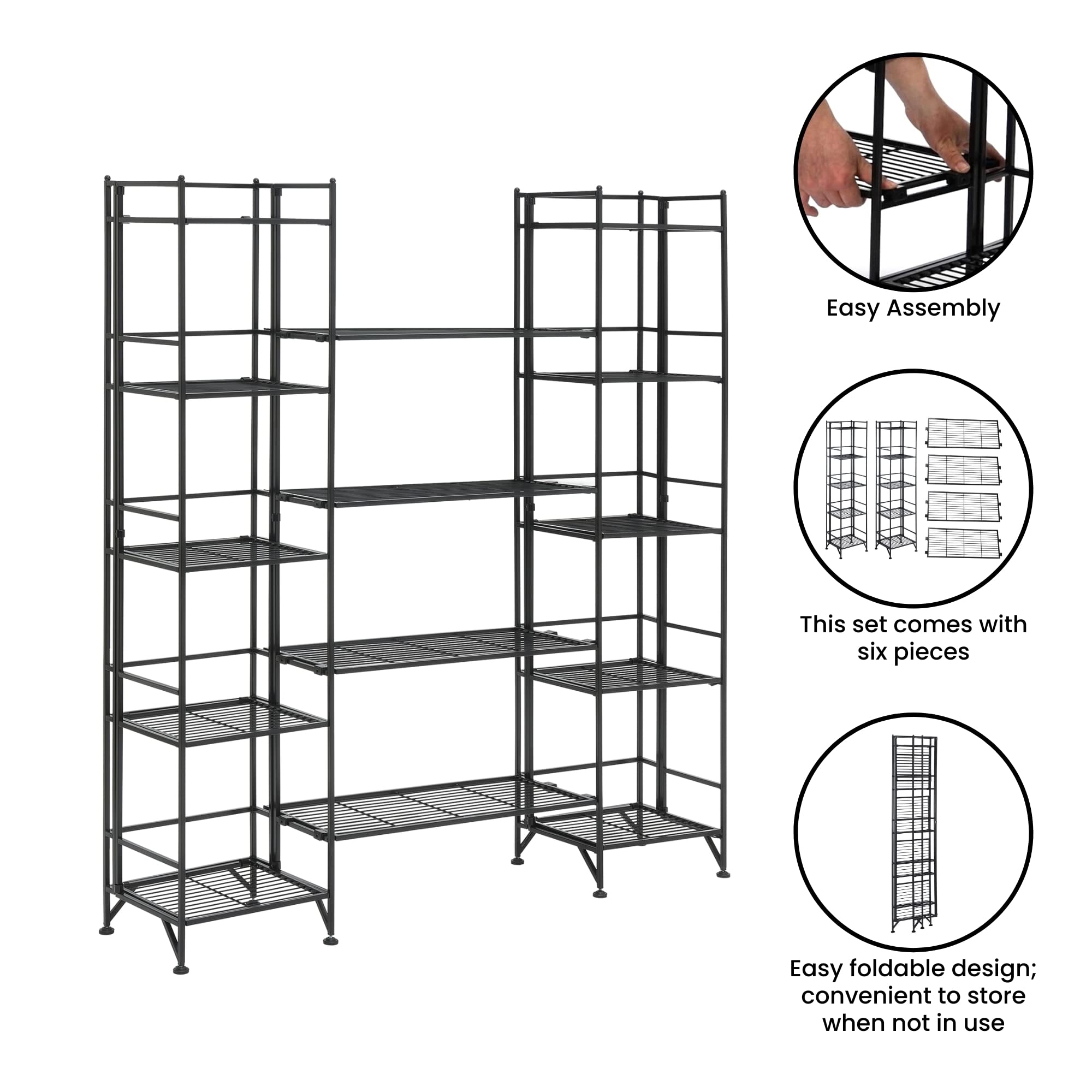 Convenience Concepts Xtra Storage Shelves - 5 Tier Folding Metal Shelving with Set of 4 Extension Shelves - Modern Shelves for Storage and Display in Living Room, Bathroom, Office, Black