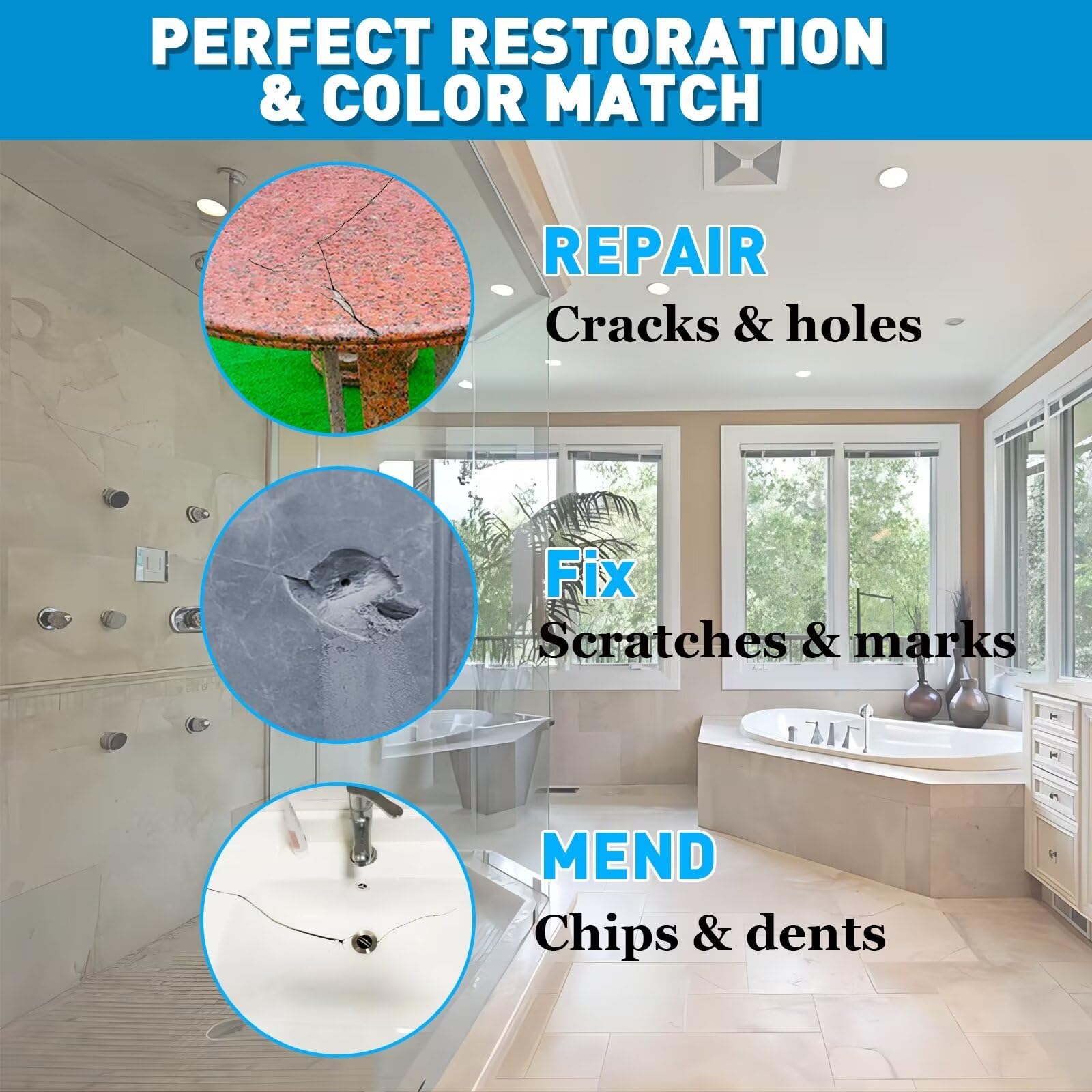 Tile & Fiberglass Quartz Countertop Repair Kit, Granite & Tub Repair Kit, 4 OZ Porcelain Sink Corian Travertine Mable Chip Repair Kit for Cracks