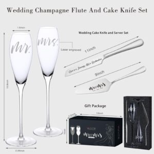 YULVINE Engraved Mr and Mrs Champagne Flutes Wooden Sign,Wedding Toasting Glasses for Bride and Groom,Cake Knife and Server Set Just Married Banner for Couple Reception Ceremony