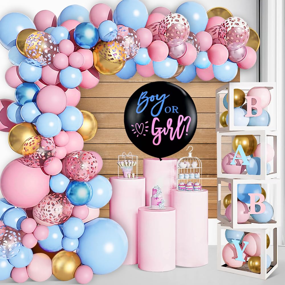 KISPATTI 168pcs Baby Boxes Gender Reveal Balloon Decorations, Pink and Blue Balloon Garland Arch Kit Baby Boxes with A-Z+Baby Letters for Baby Shower 1st Bday Boy or Girl Gender Reveal Party Supplies