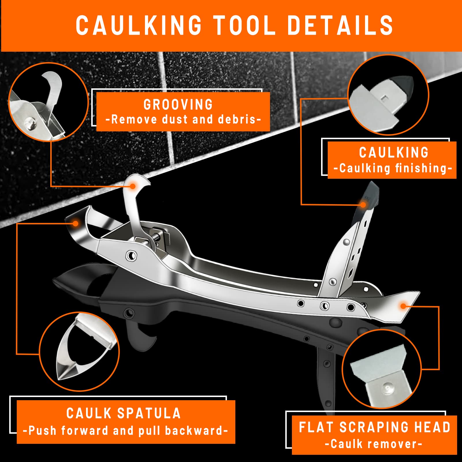 Tijeyi Caulking Tool Kit Stainless Steel Grout Removal Tool,4 in 1 Tile Caulk Remover Tool,Silicone Scraper Caulk Finishing Tools for Kitchen Bathroom Floor Sealant Caulk Window Sink Joint