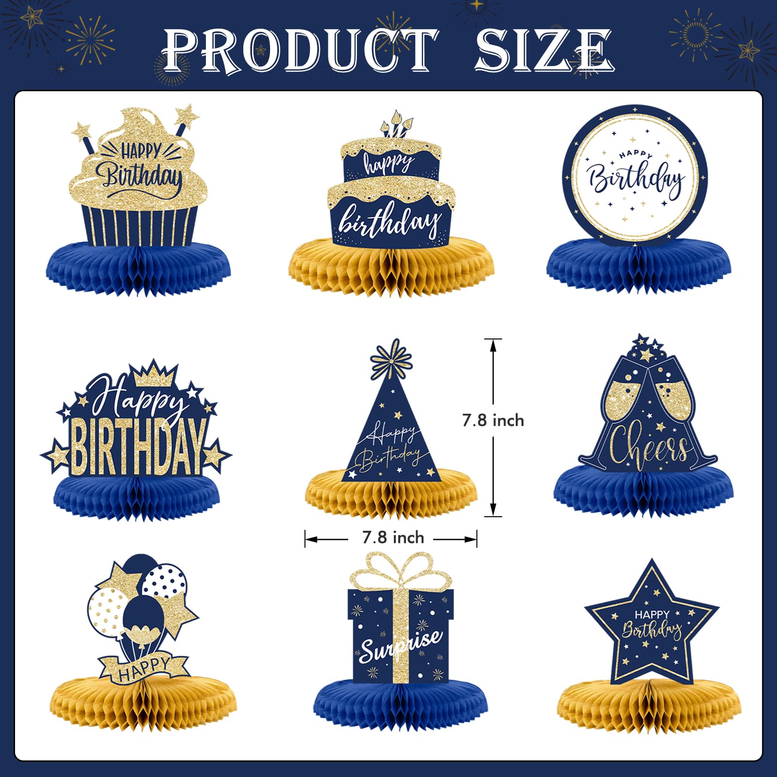 DECORLIFE 9PCS Blue Gold Birthday Table Decorations, Happy Birthday Honeycomb Centerpieces for Kids Men and Women Birthday Party Supplies