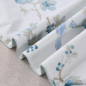 URBONUR Blue Floral Duvet Cover Set Queen Size 100% Cotton 3 Pieces Bedding Comforter Cover with Button Closure Birds on White Comforter Cover Sets, Soft Cooling Duvet Cover Queen