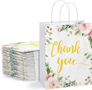 50 pcs thank you gift bags floral design, 8.66x7x3.14" thank you kraft paper bags with handle for wedding, birthday, business, shopping, baby showers, party favor, memorial day, graduation, party