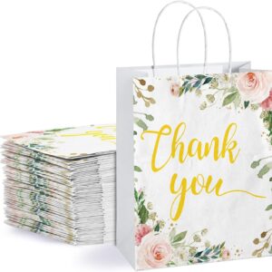 50 Pcs Thank You Gift Bags Floral Design, 8.66x7x3.14" Thank You Kraft Paper Bags with Handle for Wedding, Birthday, Business, Shopping, Baby Showers, Party Favor, Memorial Day, Graduation, Party