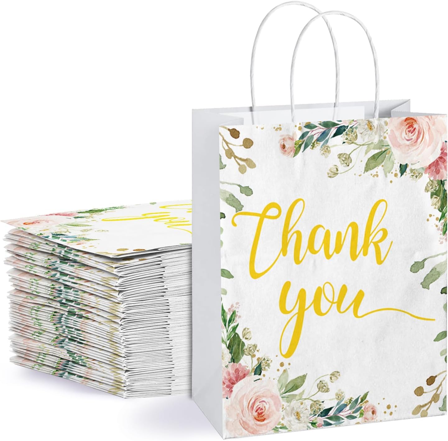 50 Pcs Thank You Gift Bags Floral Design, 8.66x7x3.14" Thank You Kraft Paper Bags with Handle for Wedding, Birthday, Business, Shopping, Baby Showers, Party Favor, Memorial Day, Graduation, Party