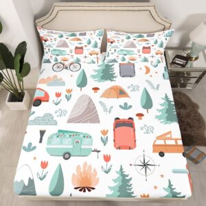 Kids Camper Theme Bed Sheets Set Twin 3Pcs, Happy Camping Bedding Set, Travel Car Rv Accessories Sheets, Botanical Flowers Mountain Adventure Top Sheet, Cute Camper Flat Fitted Sheet Bedroom Decor