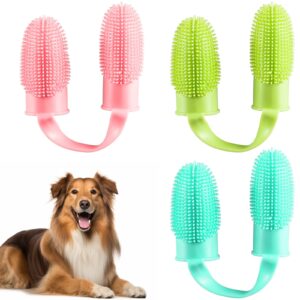 kitty&doggy go 3 packs dog toothbrush dog tooth brushing kit, pink blue green soft double finger toothbrush for dogs small breed, medium large dogs