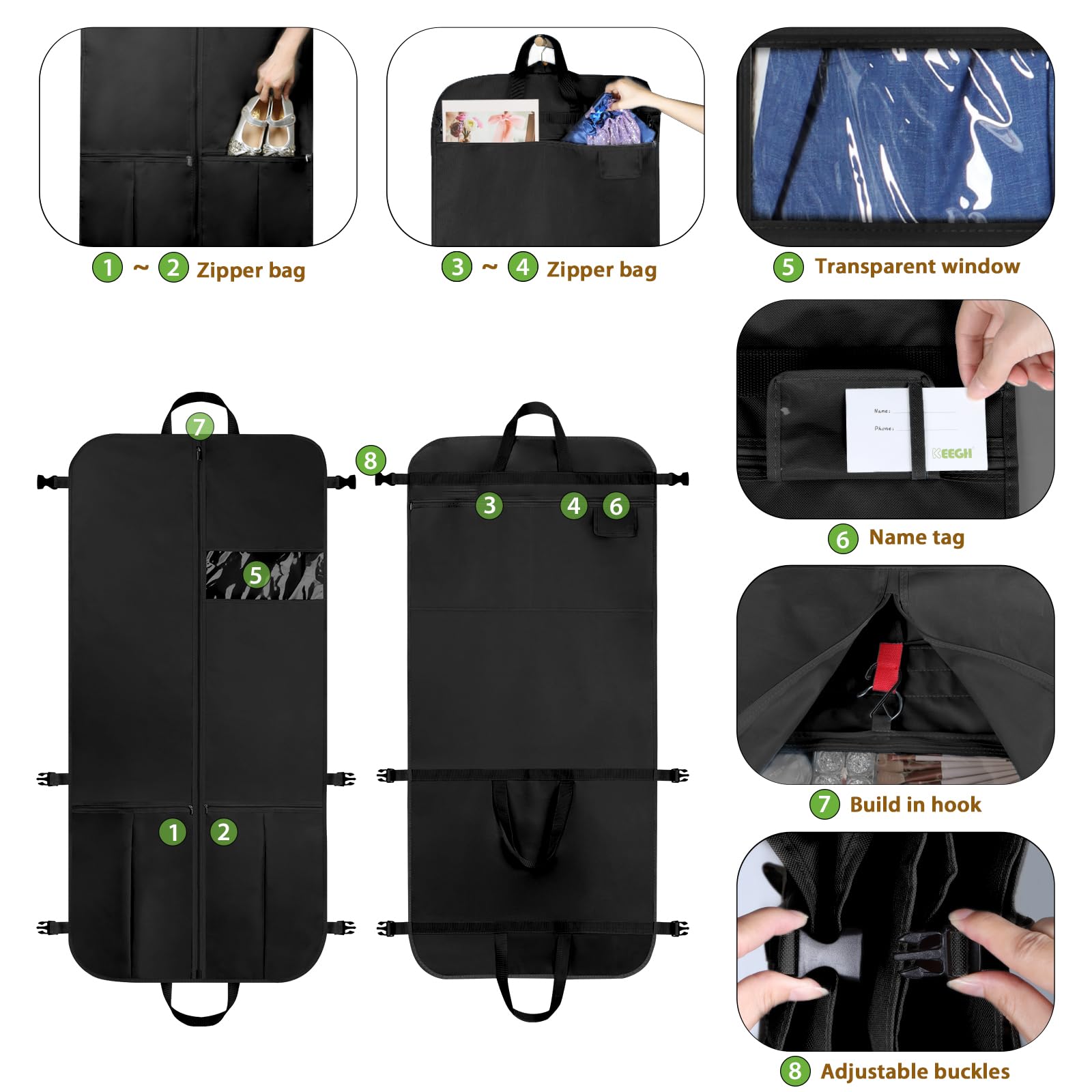 KEEGH 54" Garment Bags for Travel Tri-fold Garment Bag for Dresses Long Waterproof Suit Bags for Men Hanging Clothes for Suit Coats Tuxedos Dresses with 4 Big Pockets & Accessory Pouch, Black