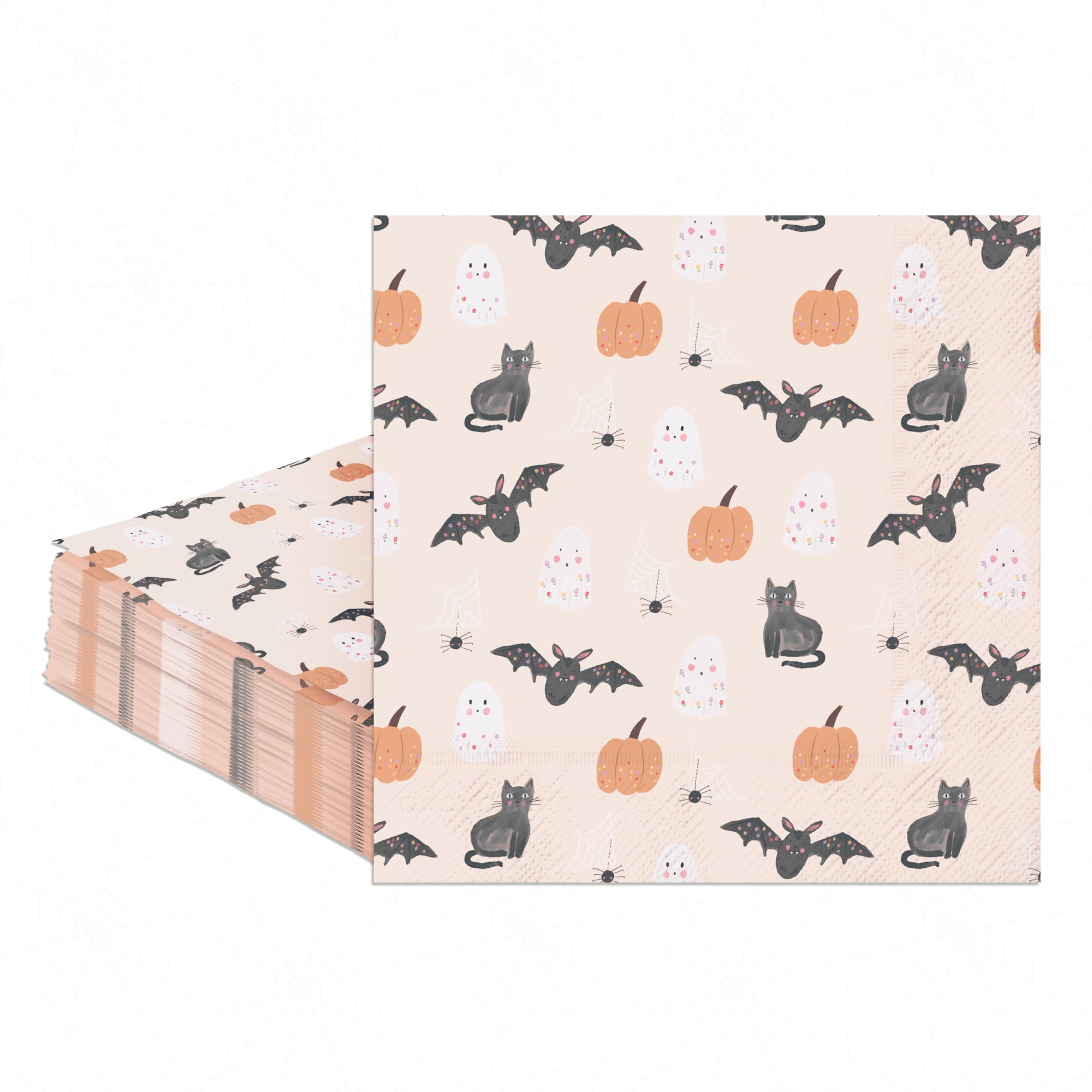 Cheerland Pastel Halloween Theme Napkins - Set of 50 | Adorable Halloween Bat Cat Ghost Pumpkin Design | Indoor/Outdoor