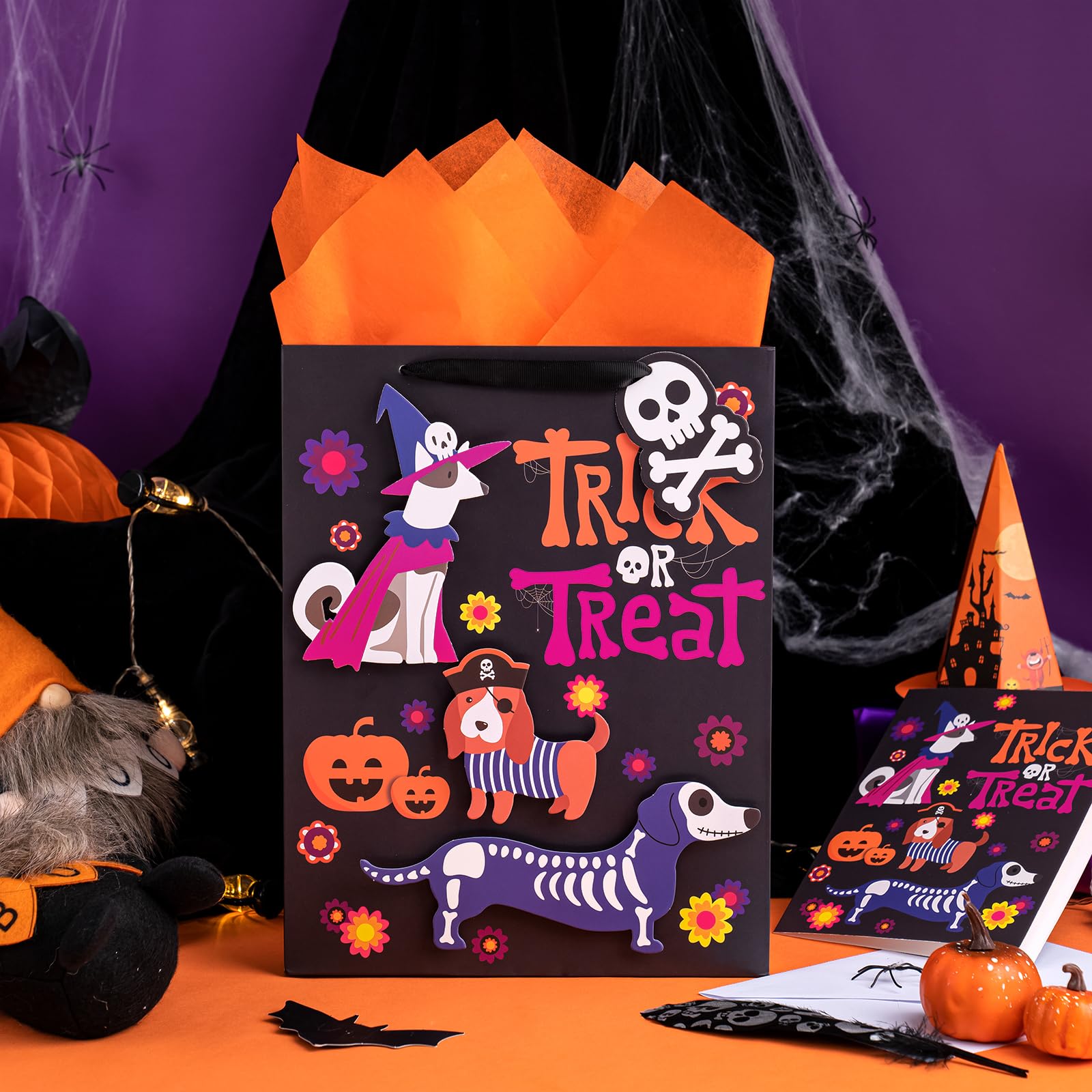 LeZakaa 13" Black Gift Bag with Tissue Paper, Gift Tag and Card, Skeleton Dog Design for Halloween, Holiday, Trick or Treat Party