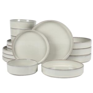 bloomhouse - oprah's favorite things - santorini mist double bowl terracotta reactive glaze plates and bowls dinnerware set - moonstone white, service for four (16pcs)