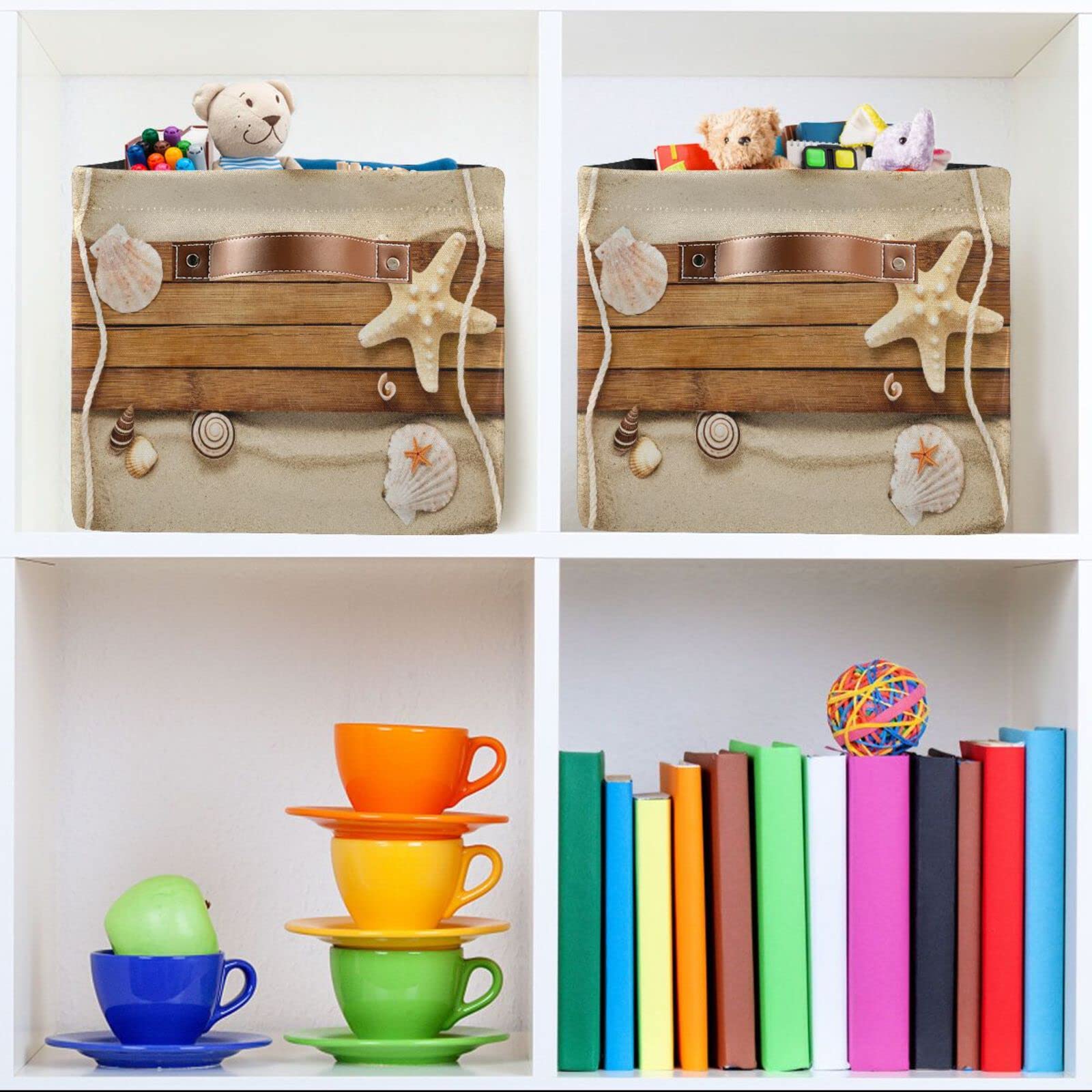 DEHOZO Storage Basket Bins, Wooden Seashells Starfish Beach Collapsible Storage Cubes Organizer with Handles, Closet Shelves Clothes Storage Box Toys Organizer for Bedroom Living Room, 2pcs