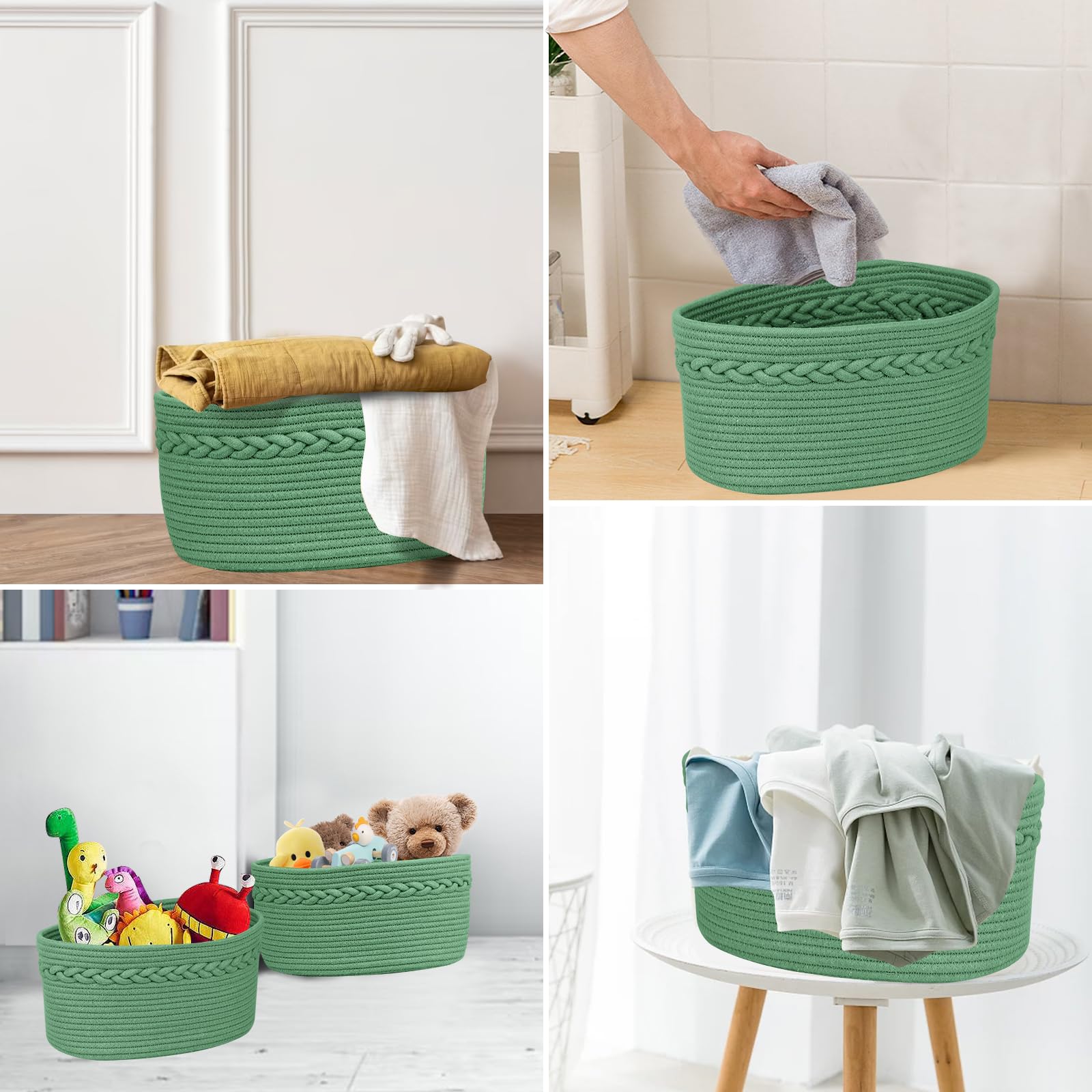 SavStor Small Storage Basket Rope Woven Cotton Basket for Organizing Household Purposes, Decorative Basket for Nursery Living Room Shelves Closet, Oval, 13 x 8.6 x 7.1in, Green, 3 Packs