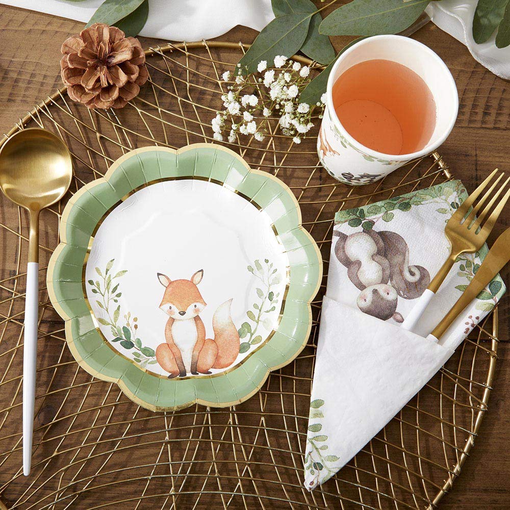 Kate Aspen 62 Piece Woodland Baby Shower Tableware Party Kit - 7 inch (16x) & 9 inch (16x) Heavy Duty Disposable Plates, Durable Paper Napkins (30x)