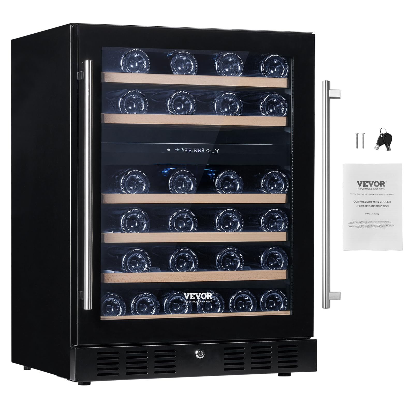 VEVOR 24” Wine Cooler, 46 Bottles Dual Zone Wine Refrigerator, Tempered Glass Door, Low Noise, Digital Temper Control, Built-in or Freestanding, ETL