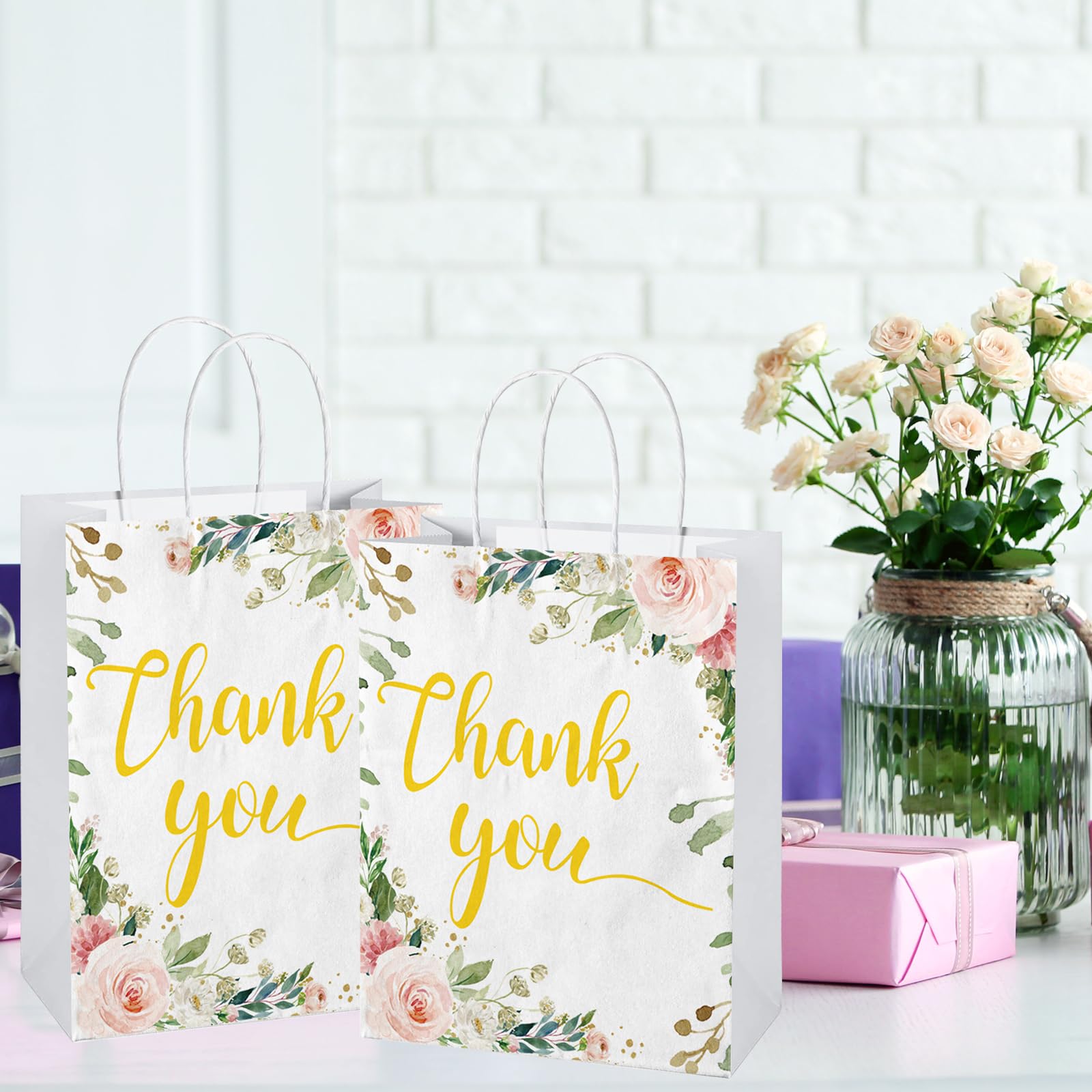 50 Pcs Thank You Gift Bags Floral Design, 8.66x7x3.14" Thank You Kraft Paper Bags with Handle for Wedding, Birthday, Business, Shopping, Baby Showers, Party Favor, Memorial Day, Graduation, Party