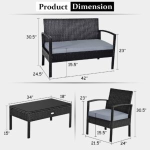 COSTWAY 4PCS Patio Rattan Furniture Set, Outdoor Wicker Conversation Set with Tempered Glass Coffee Table, Seat Cushions, Ideal for Poolside Balcony Porch Backyard