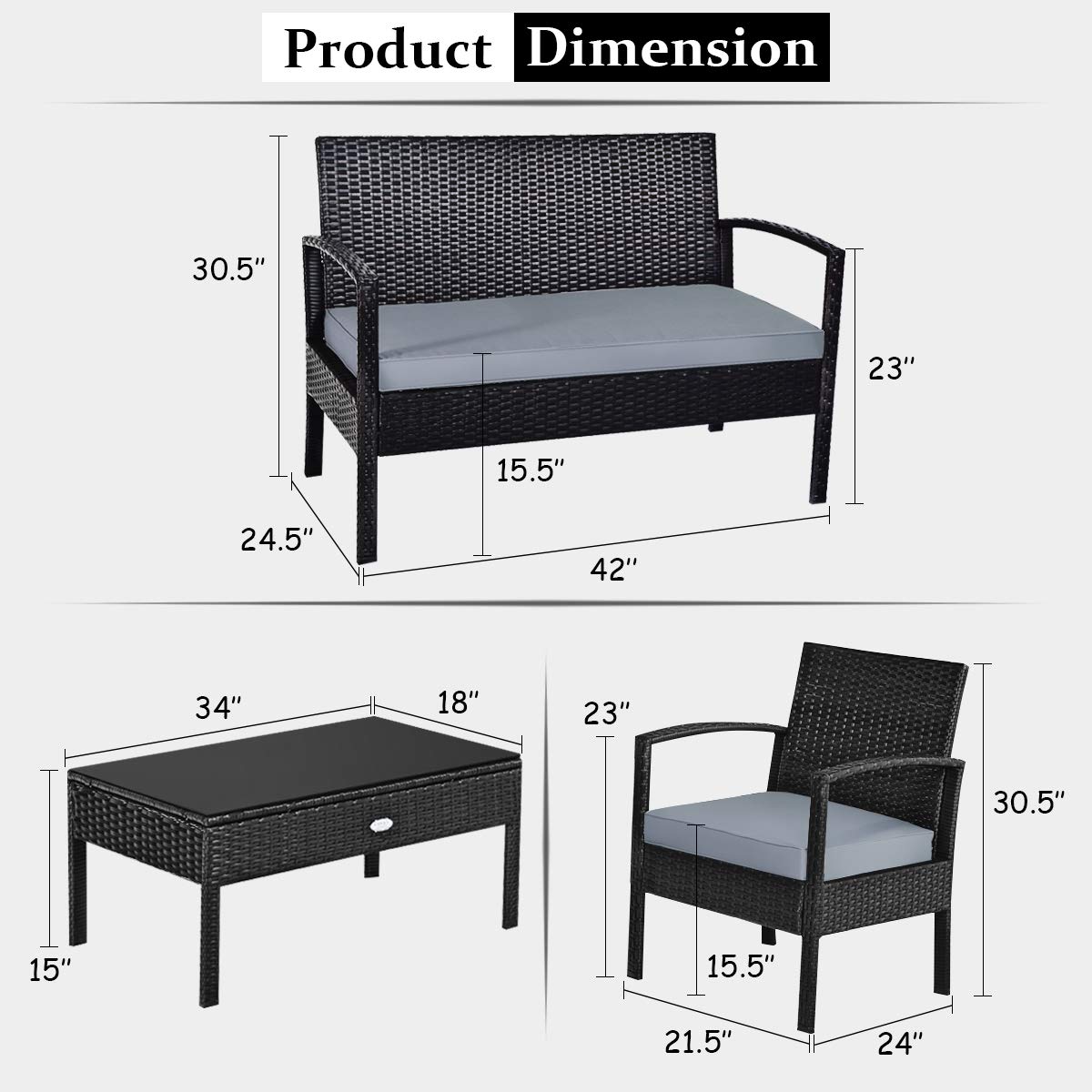 COSTWAY 4PCS Patio Rattan Furniture Set, Outdoor Wicker Conversation Set with Tempered Glass Coffee Table, Seat Cushions, Ideal for Poolside Balcony Porch Backyard