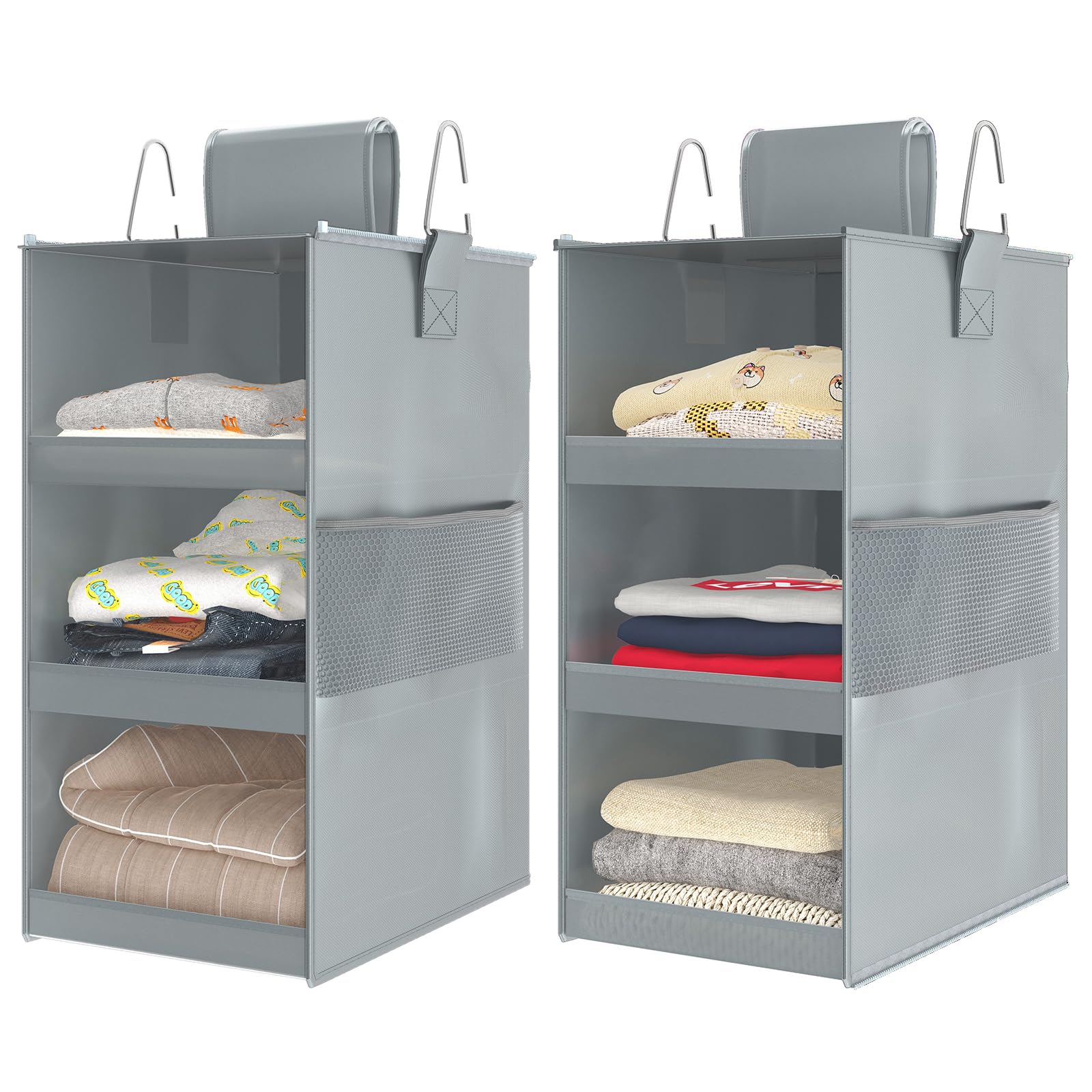 Fixwal 3-Shelf Closet Hanging Organizers Foldable Hanging Closet Shelves Hanging Closet Organizers and Storage for Locker & Camper, Grey, 2-Pack