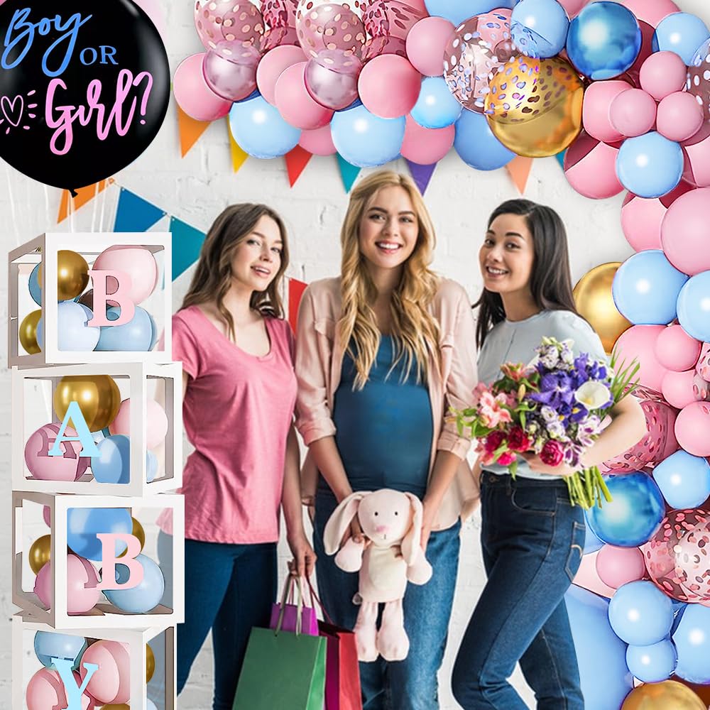 KISPATTI 168pcs Baby Boxes Gender Reveal Balloon Decorations, Pink and Blue Balloon Garland Arch Kit Baby Boxes with A-Z+Baby Letters for Baby Shower 1st Bday Boy or Girl Gender Reveal Party Supplies