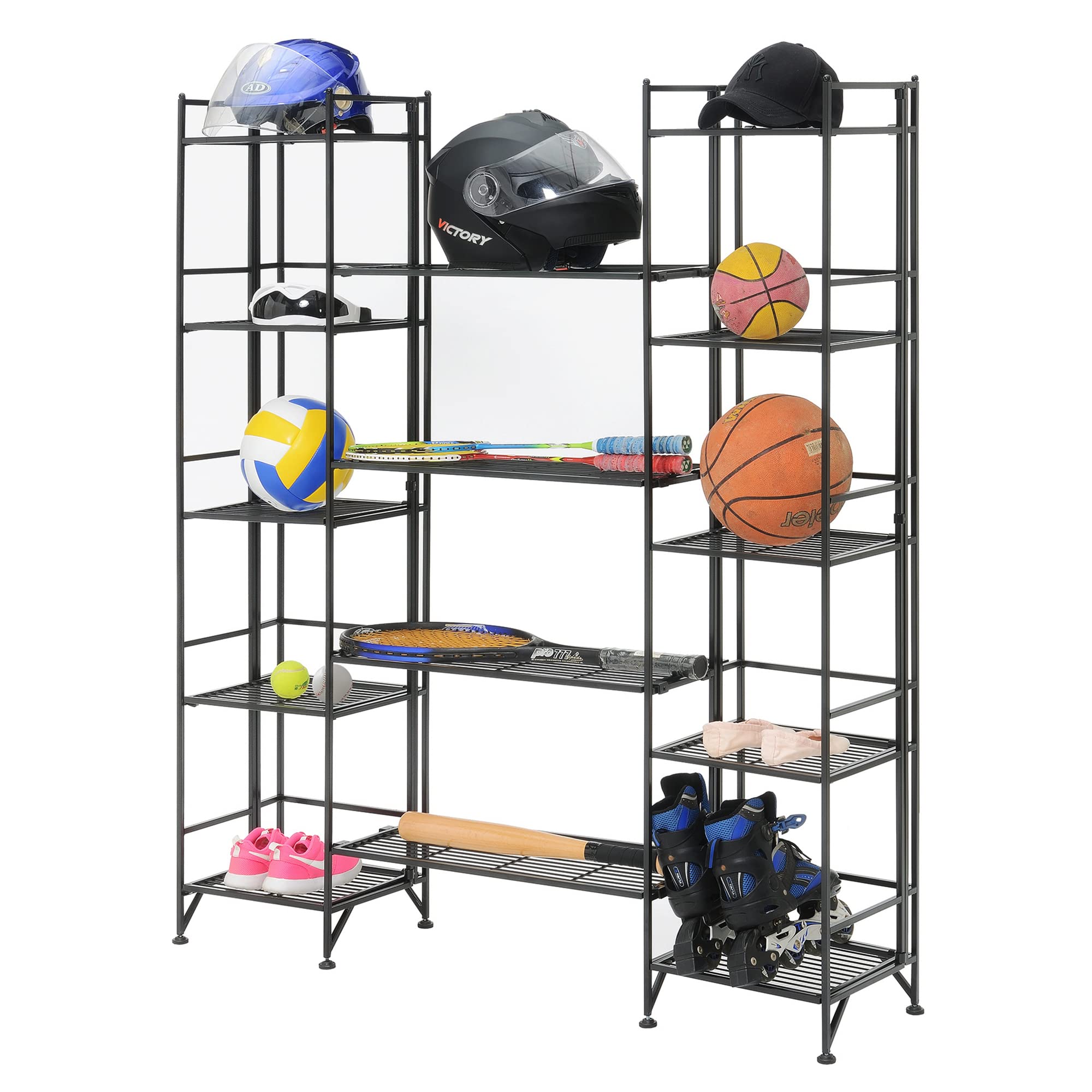 Convenience Concepts Xtra Storage Shelves - 5 Tier Folding Metal Shelving with Set of 4 Extension Shelves - Modern Shelves for Storage and Display in Living Room, Bathroom, Office, Black