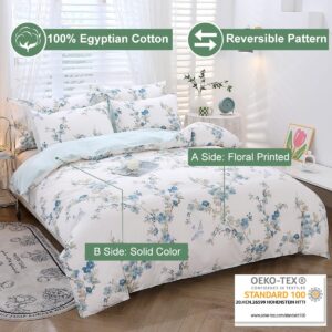 URBONUR Blue Floral Duvet Cover Set Queen Size 100% Cotton 3 Pieces Bedding Comforter Cover with Button Closure Birds on White Comforter Cover Sets, Soft Cooling Duvet Cover Queen