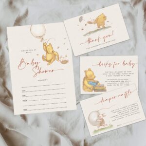 20 Guests Classic Winnie Invitations Baby Shower Pooh Invitation Bundle Pack Cute Addition For Boys Girls 1 St Birthday Include Diaper Raffle Card Book Request Thank you Card