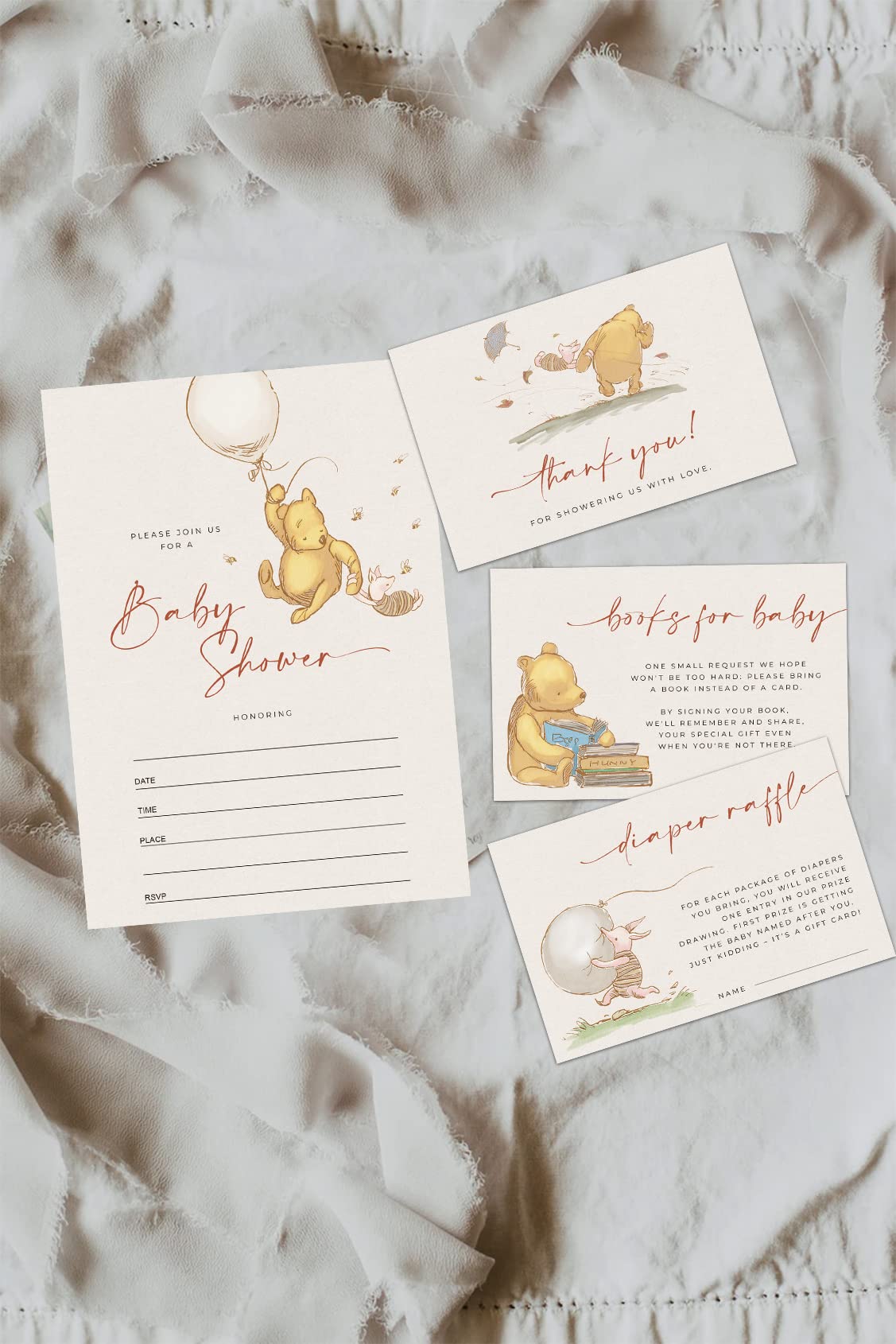 20 Guests Classic Winnie Invitations Baby Shower Pooh Invitation Bundle Pack Cute Addition For Boys Girls 1 St Birthday Include Diaper Raffle Card Book Request Thank you Card