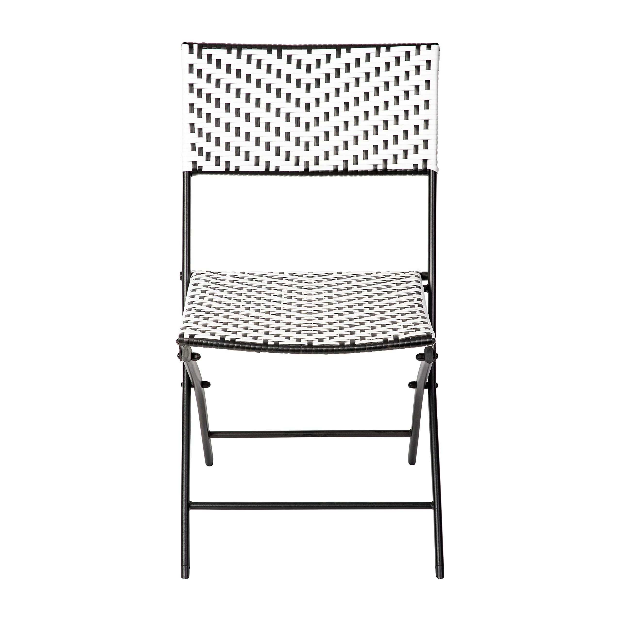 EMMA + OLIVER Ciel Two Piece Folding Bistro Chairs - Black and White PE Rattan - Black Metal Frames - Indoor/Outdoor Use