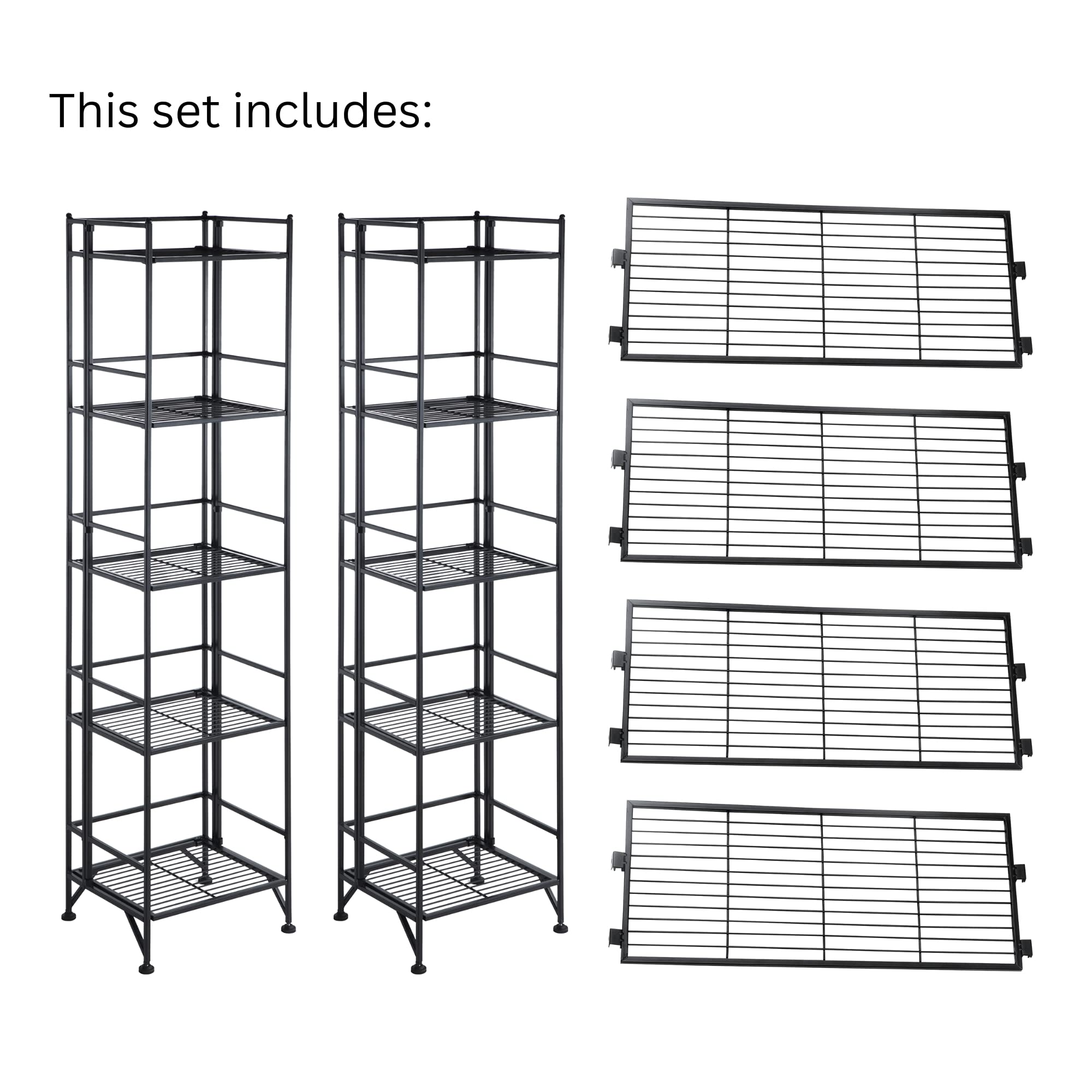 Convenience Concepts Xtra Storage Shelves - 5 Tier Folding Metal Shelving with Set of 4 Extension Shelves - Modern Shelves for Storage and Display in Living Room, Bathroom, Office, Black