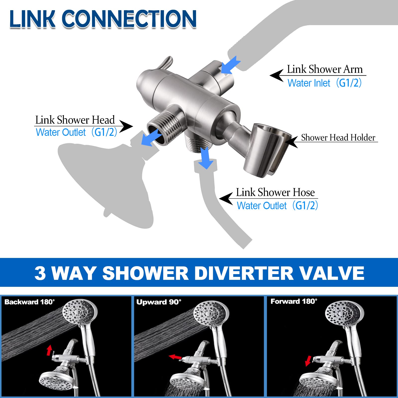 YDmeet Shower Head Holder for Handheld and 3-Way Shower Diverter Valve with Rotation Handheld Mount, All Metal Brass, Brushed Nickel