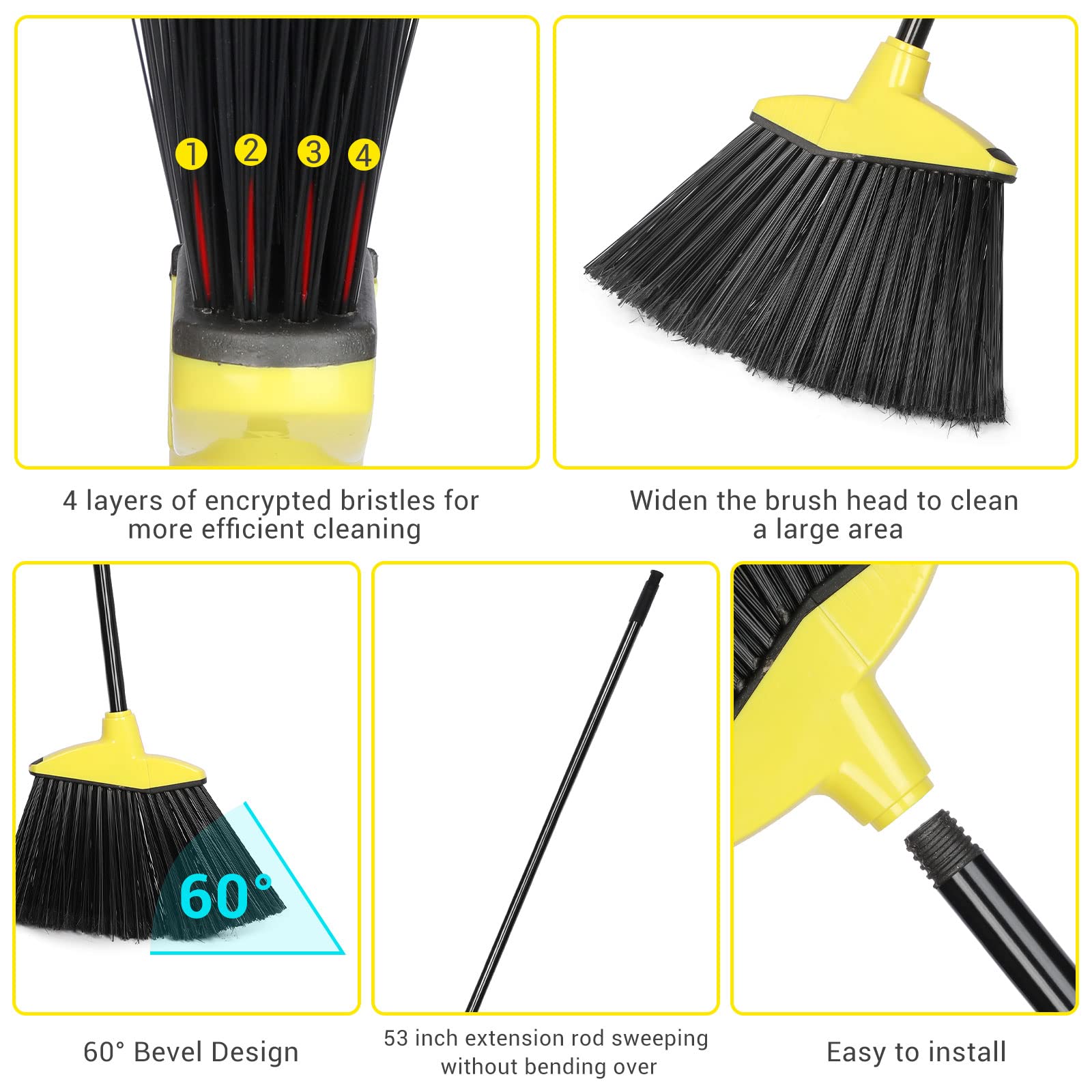 WILLBOND 20 Pcs Heavy Duty Broom Outdoor Indoor Commercial Angle Brooms Bulk for Courtyard Garage Lobby Mall Market Floor Home Kitchen Room Office Pet Hair Rubbish 54 Inch (Yellow)