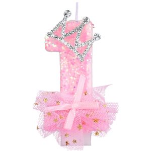 birthday number candles, 2.95 inch crown bow mesh candle glitter pink number candles cake topper birthday candles with sequins for anniversary celebrations supplies (number 1)