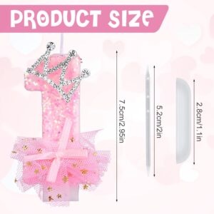 Birthday Number Candles, 2.95 Inch Crown Bow Mesh Candle Glitter Pink Number Candles Cake Topper Birthday Candles with Sequins for Anniversary Celebrations Supplies (Number 1)